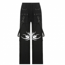 Dark Printed Straight Overalls High Waist Loose Skinny Pocket Zipper Ribbon Trousers