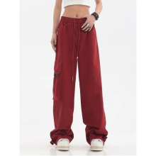 Womens Red Cargo Pants American Vintage Street Hip-hop Overalls Straight Wide Leg Casual Pants Trousers Female