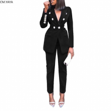 Autumn Winter Tracksuit Notched Full Sleeve Blazers Pants Suit Two Piece Casual Office Lady Outfit Solid Women Set Uniform 1230