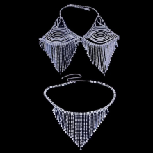 Women Sexy Rhinestone Body Chain Bikini Set Crystal Tassel Bra Panties Underwear