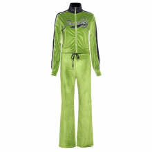 High Winter Velvet Crop Jacket and Tracksuit Joggers Two Piece Set Green Jogging Suits for Women