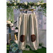 Autumn Winter Japanese Mori Girl Sweet Bloomers Patch Embroidery Elastic Waist Corduroy Double Pockets Ankle-length Pants