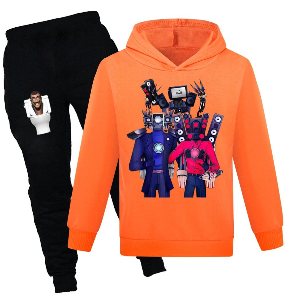 (orange, Suitable for height 160cm) Skibidi Toilet Man Boys and Girls Sweatshirt + Casual Pants Set,Birthday Gift,Fall and Winter Season-image-OPC-PCQPF9W-NEW