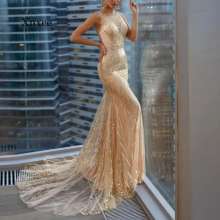 Sexy Lace Sequineds Party Long Dress Women Summer Champagne Sleeveless Diamond High Waist Backless Wedding Dresses