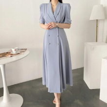 dress South Koreachic Summer French temperament lapel double breasted waist slimming long suit dress with belt