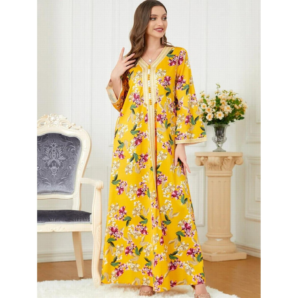 Muslim Woman Abaya Flower Print V-Neck Tape Trim Long Sleeve A-Line Dress Ladies Dresses Caftan Marocain Ramadan-image-OPC-PCQPGFH-NEW