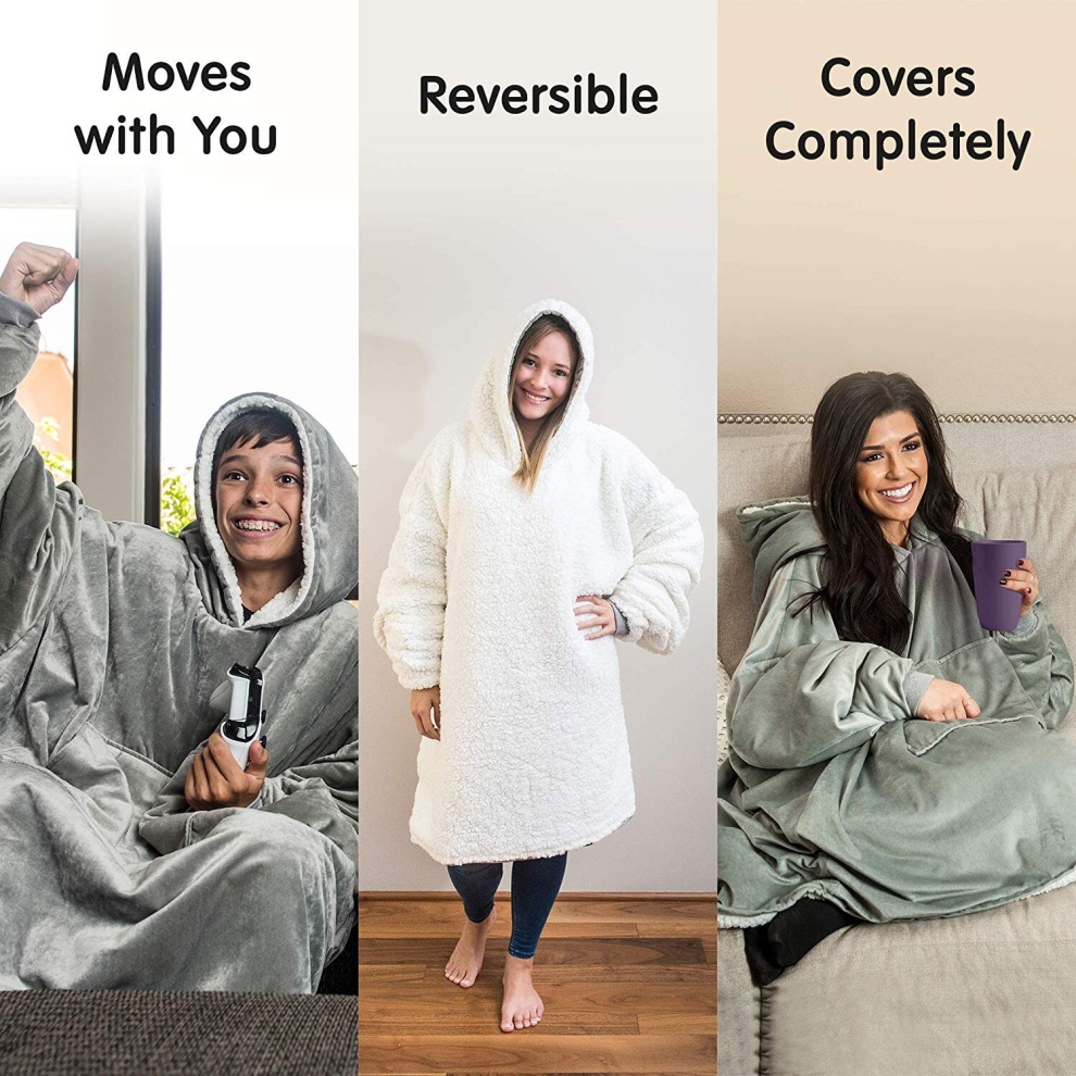 (Gray) Oversized Blanket Hoodie, Wearable Hooded Blanket, Soft Sherpa Fleece Snuggle Blanket Hoodie Adult, Warm Throw Blanket Sweatshirt Robe for Women Men