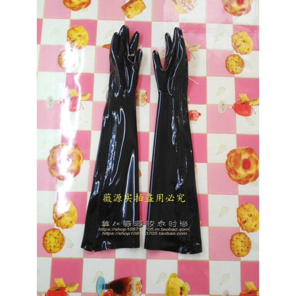 (Black-S) Hand Unisex Latex Long Gloves Seam Arm Length Customize With Zipper 885658120474