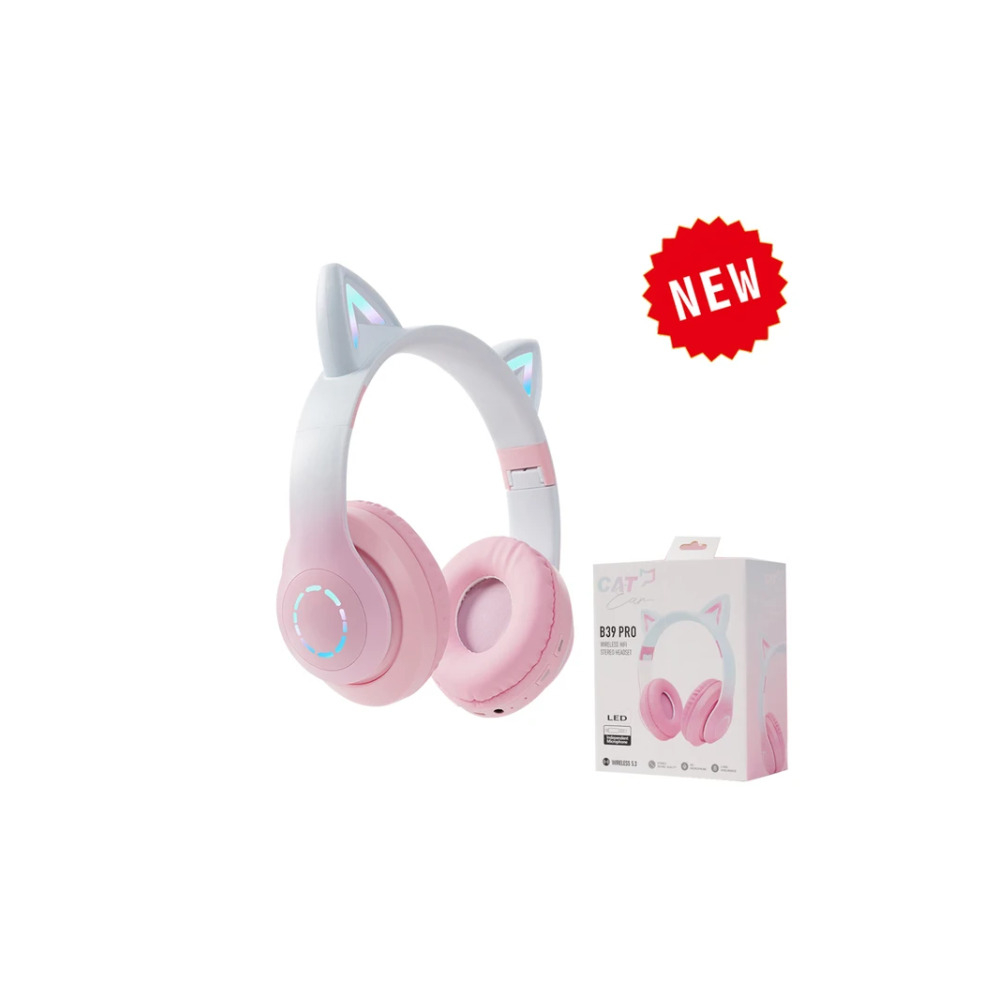 (B39B Pro Pink) Bluetooth Wireless Headphones Cat Ear Glow Light Stereo Bass Helmets Children Gamer Girl Gifts PC Phone Gaming Headset