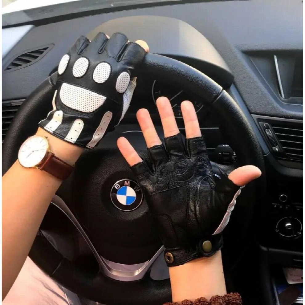 (Black White Black-L) Men Half Finger Sheepskin Motorcycle Driving Gloves Leather Sports Gloves Non-Slip Breathable Leather Gloves Agd023 White,Black,Multicoloured 885658138455