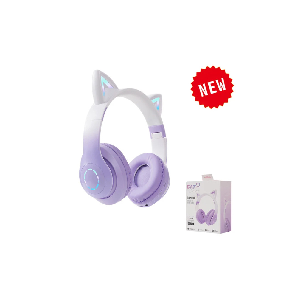 (B39B Pro Purple) Bluetooth Wireless Headphones Cat Ear Glow Light Stereo Bass Helmets Children Gamer Girl Gifts PC Phone Gaming Headset-image-OPC-PCPRCKD-NEW
