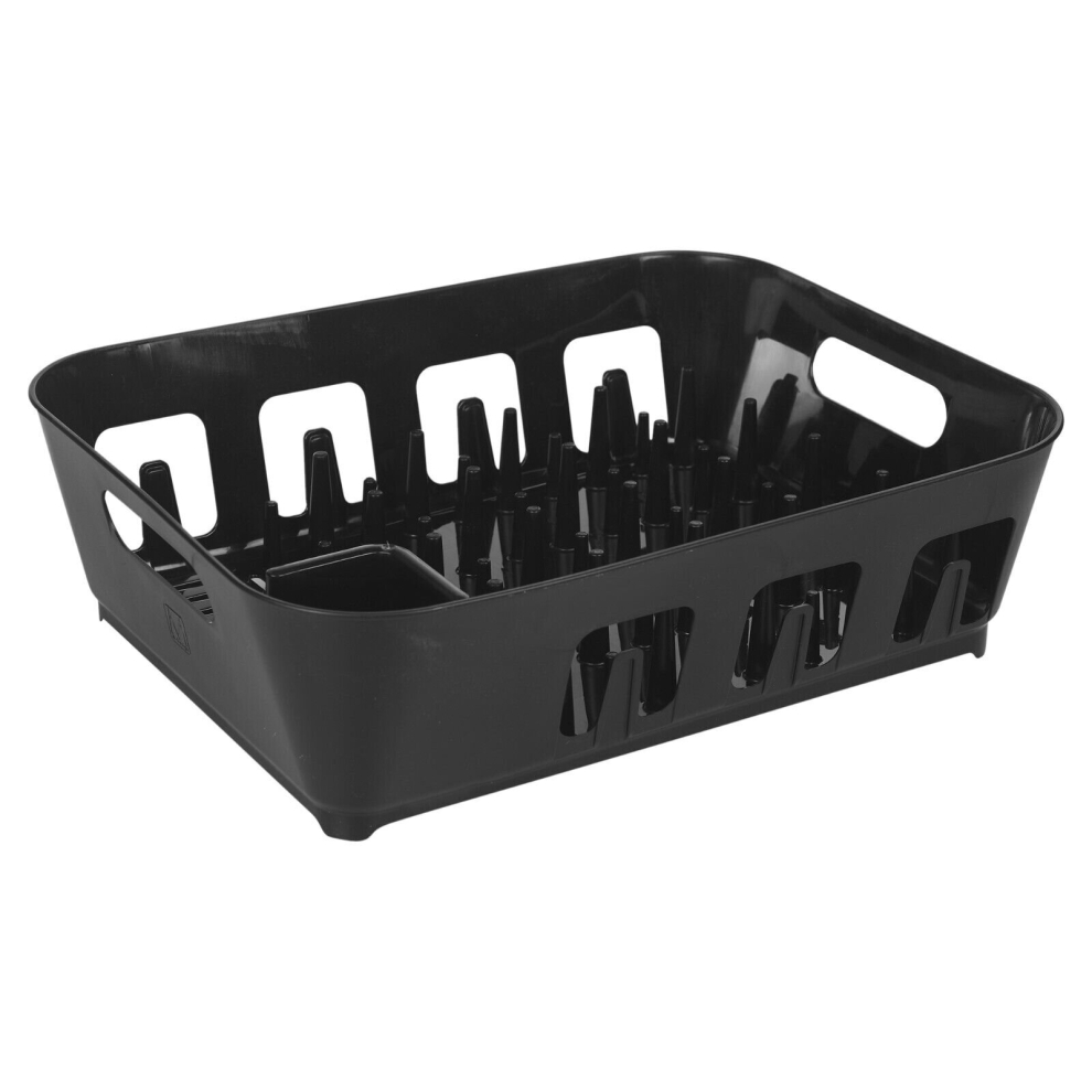 (Black) Large Plastic Dish Drying Rack Drip Drainer Kitchen Sink Tray w/ Utensil Holder