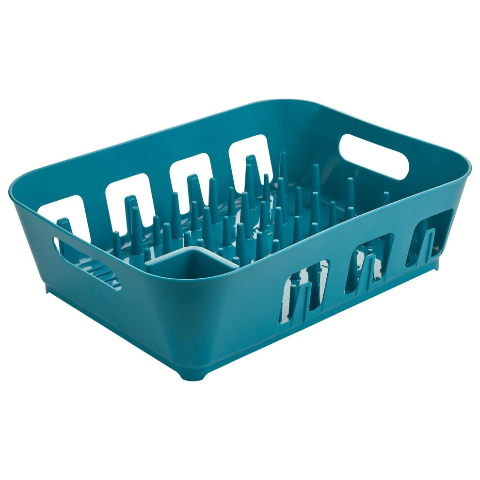 (Teal) Large Plastic Dish Drying Rack Drip Drainer Kitchen Sink Tray w/ Utensil Holder