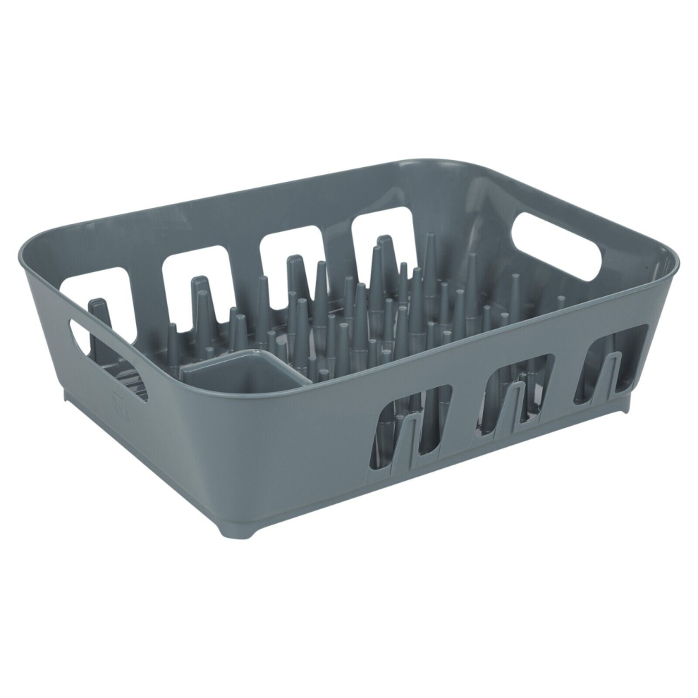 (Grey) Large Plastic Dish Drying Rack Drip Drainer Kitchen Sink Tray w/ Utensil Holder