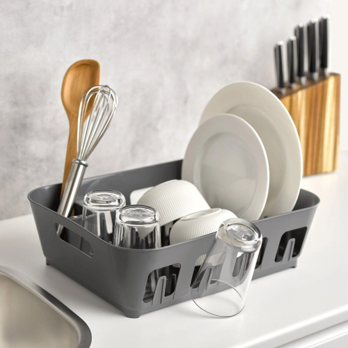 URBN Living (Grey) Large Plastic Dish Drying Rack Drip Drainer Kitchen Sink Tray w/ Utensil Holder 2