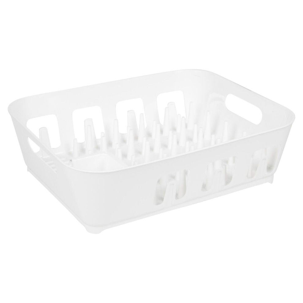 (White) Large Plastic Dish Drying Rack Drip Drainer Kitchen Sink Tray w/ Utensil Holder