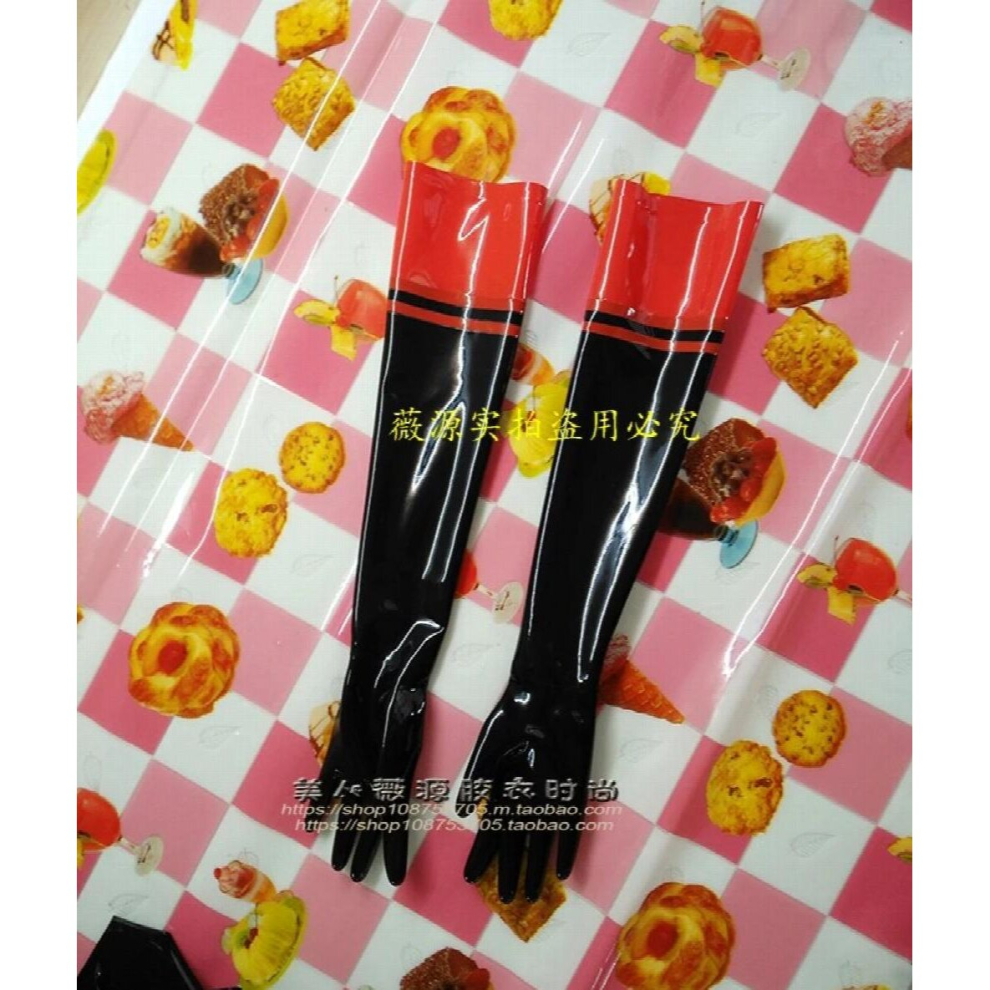 (Black-S) Hand Unisex Latex Long Gloves Seam Arm Length With Red Trim 885658195243