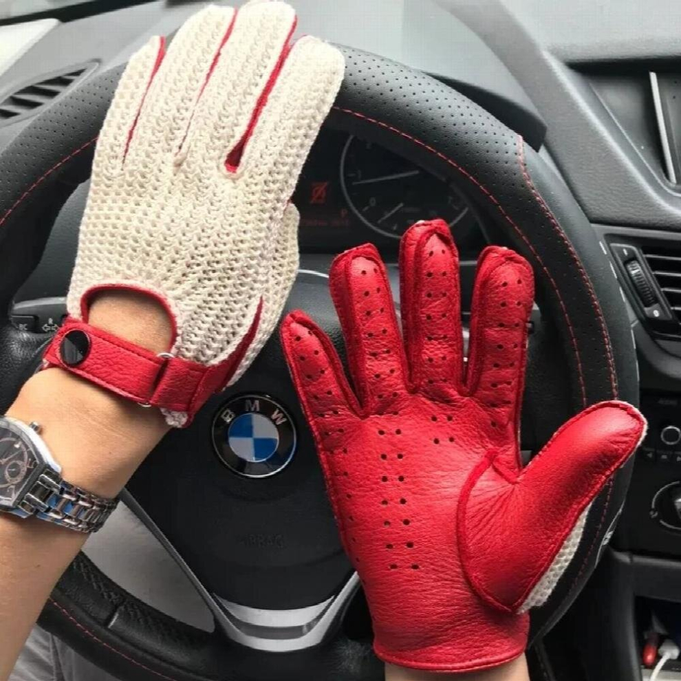 (red White-M) Men Driving Gloves motorcycle locomotive Half Finger Sheepskin Gloves Knitted Leather Male Car gloves-image-OPC-PCQPKG5-NEW