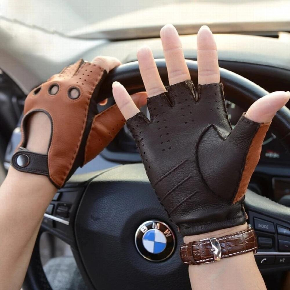 (brown tan black White-L Size palm 22 cm L) Mens Leather Gloves Deerskin Gloves Male Half Fingerless Gloves Fingerless Unlined Non-slip Driving Gloves-image-OPC-PCQPN5F-NEW