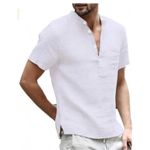 Summer Short Sleeve Linen Shirt Mens Casual Hip Hop T-Shirt Stand-Up Collar Solid Short Sleeve Shirt Business Shirt Top