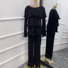 Dubai Solid Wide-leg Trousers Suit with Pleated Ruffles Two-piece Suit Muslim Woman Prayer Outfit Dubai Abaya