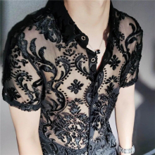 High Transparent Floral Shirt Soft Velvet Slim-fit Mens Clothing Nightclub Short-sleeved Sexy Shirt See Through
