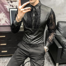 Sexy Transparent Stripe Shirt Men Harajuku Button Down Long Sleeve Casual Dress Shirt Singer Costume