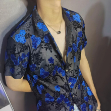 Embroidery Shirt Transparent Floral Shirt Men Sexy Velvet Shirt Men Short Sleeve Clothing See Through Social Club