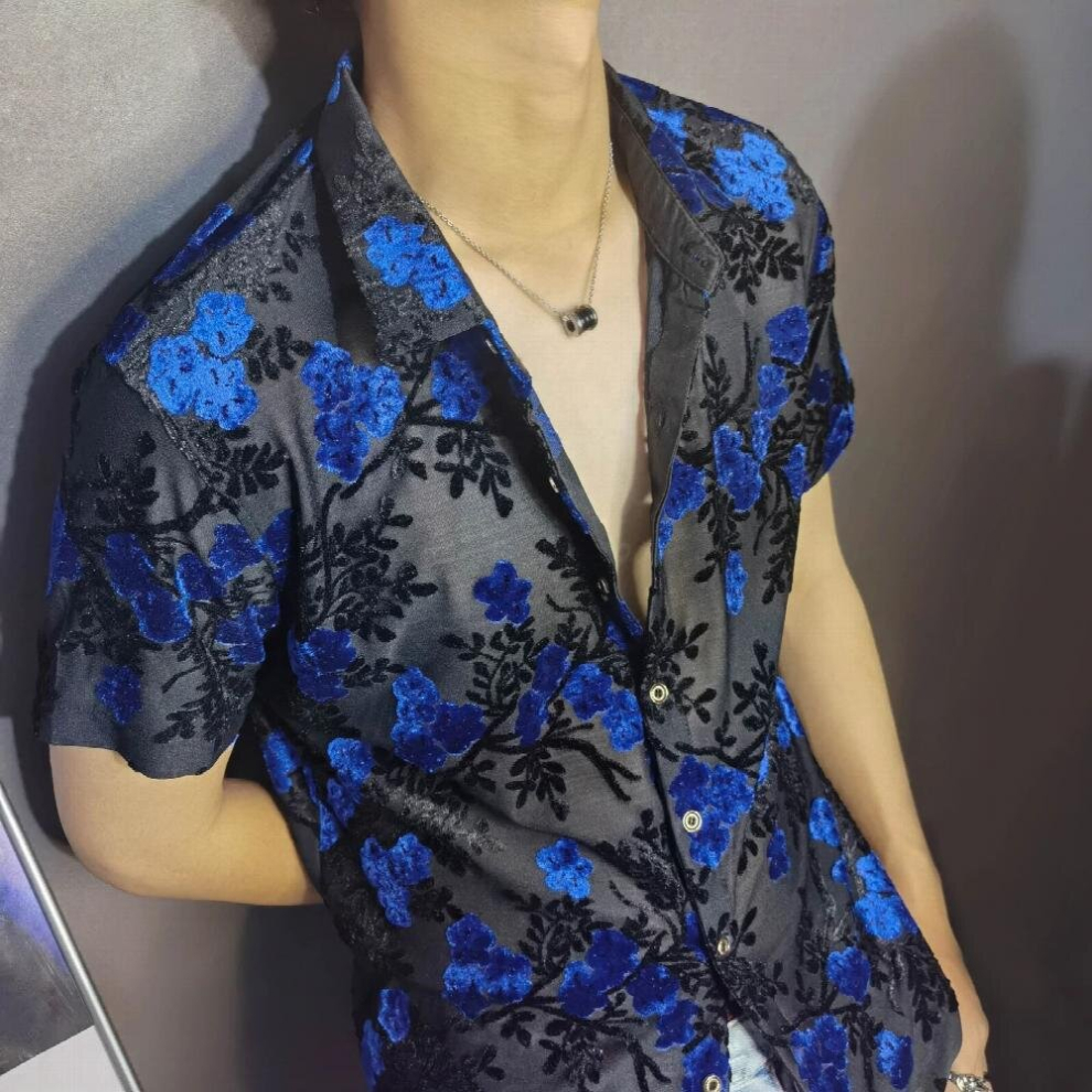 Blue Embroidery Shirt Transparent Floral Shirt Men Sexy Velvet Shirt Men Short Sleeve Clothing See Through Social Club