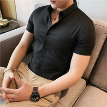 Summer Striped Short-sleeved Shirts Mens Version Slim Green Social Blouse