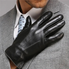 (black-L) Top Leather Gloves For Men Thermal Winter Touch Screen Sheepskin Glove Slim Wrist Driving EM011