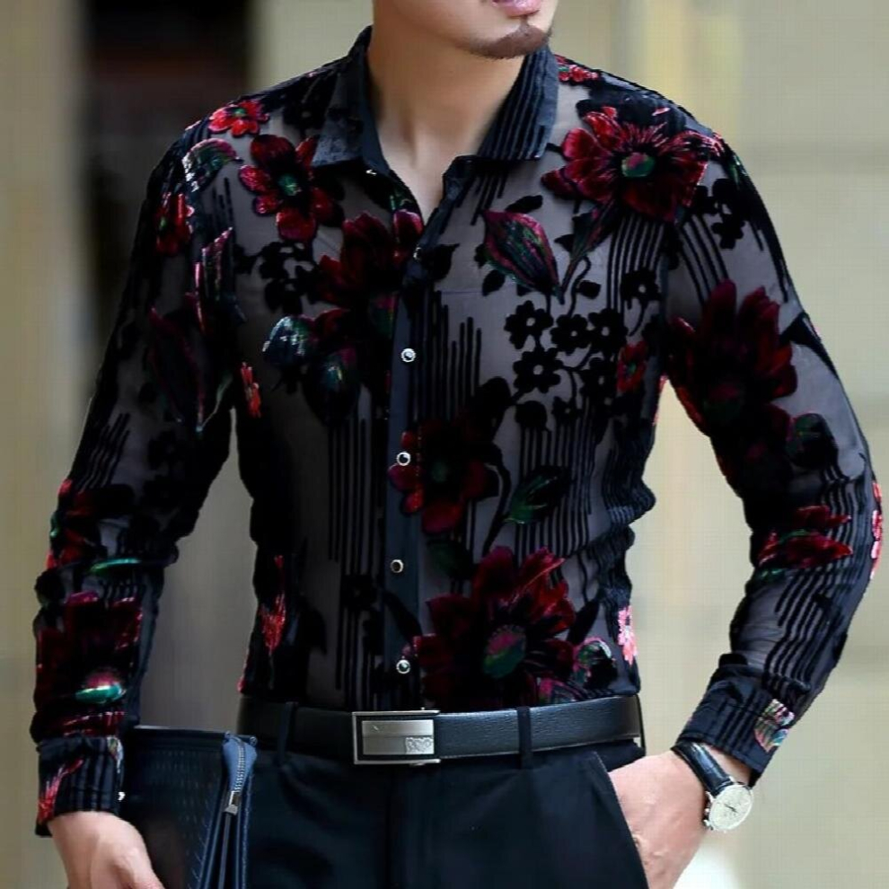 Multicoloured Lace Men Shirt Club Party Prom Sexy Transparent Male Shirt Frolal Print Wedding Marriage Chemise Homme 5XL Lace Shirt