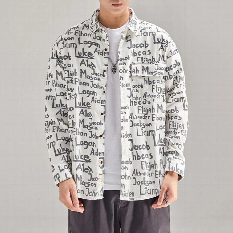 Spring Classic Alphabet Graffiti Printed Shirt 100% Cotton Japanese Retro Casual Long Sleeve Shirt for Men-image-OPC-PCQPPGM-NEW