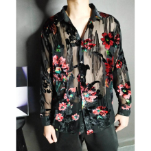High See Through Shirt Transparent Men Button Up Marriage Shirt Chemise Homme Manche Longue Imiatate Silk Sheer Shirt