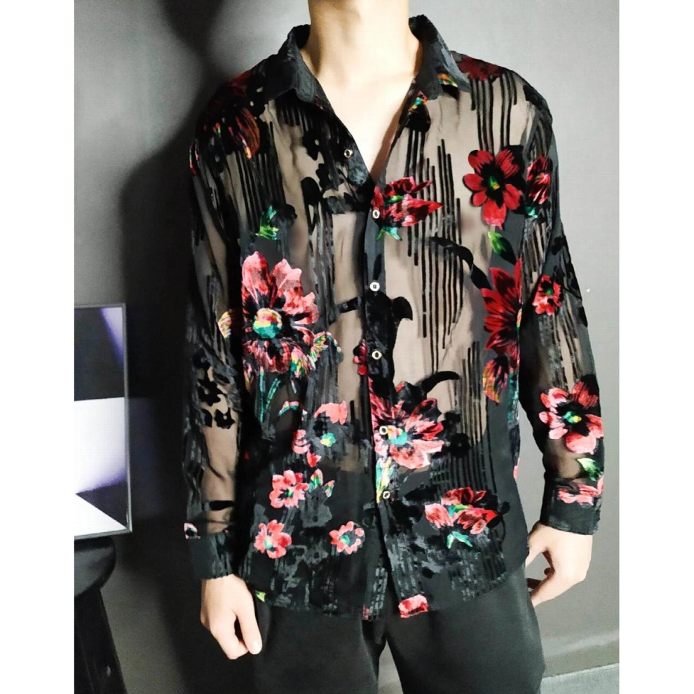 Multicoloured High See Through Shirt Transparent Men Button Up Marriage Shirt Chemise Homme Manche Longue Imiatate Silk Sheer Shirt