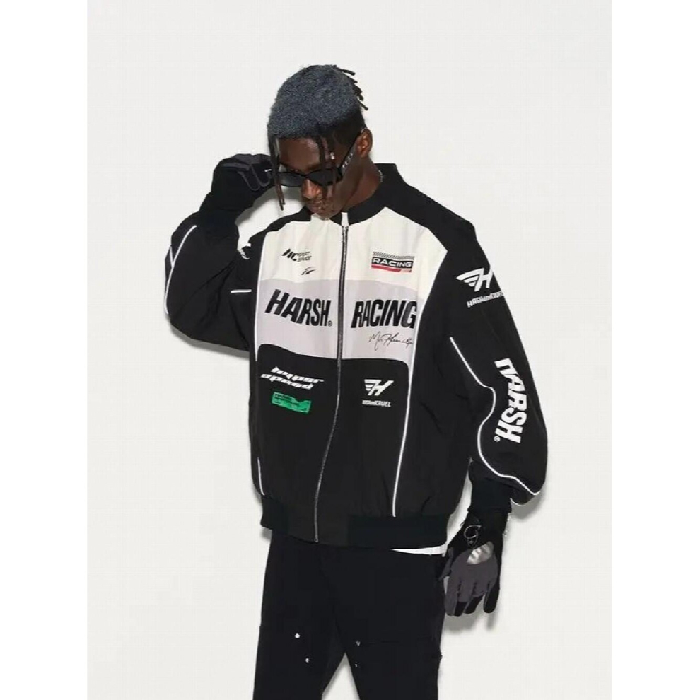 Men's Black Streetwear Letter Print Motorcycle Jacket Chaquetas Hombre Vintage Racing Suit Spring Unisex Coat Windproof Baseball Jacket