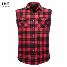 Summer mens flannel plaid shirt cotton plus size casual sleeveless shirt vest