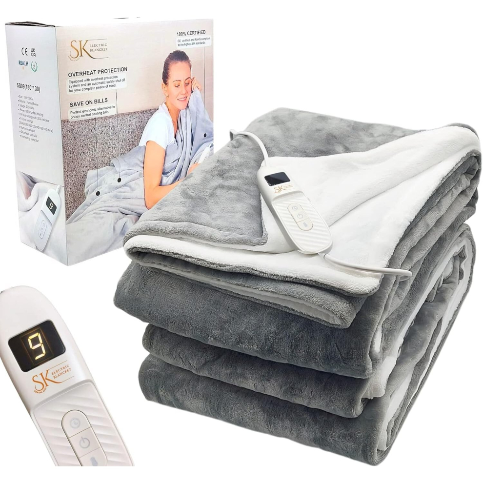 (Grey) SK Electric Heated Blanket Throw Flannel 180x130cm