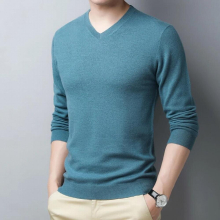 Mens sweater solid knitted pullover V-neck 100% wool spring high-end casual cashmere sweater