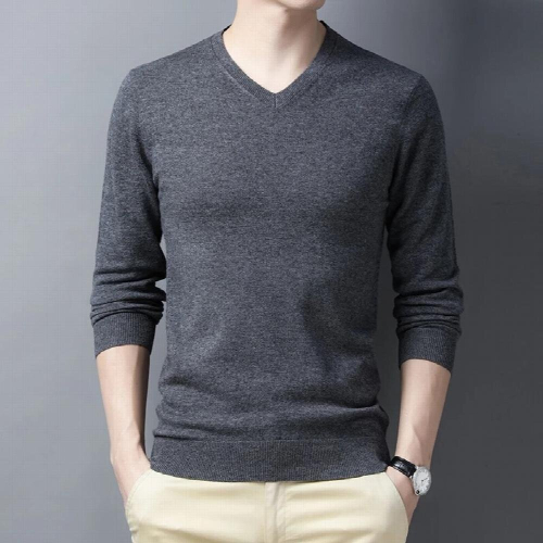 Mens sweater solid knitted pullover V-neck 100% wool spring high-end casual cashmere sweater 1