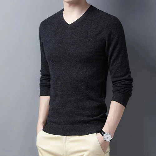 Mens sweater solid knitted pullover V-neck 100% wool spring high-end casual cashmere sweater 2