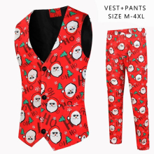 Stage Pants) Two Pieces Printing Performance Mens Christmas (Vest + Mens Banquet Casual Suit Sets Suit