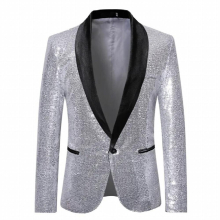 Mens Sequin Glitter Blazer Jacket Shawl Collar One Button Suit Blazer Men Stage Singer Costume Homme