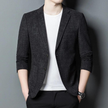HOO Mens Woolen blazer Autumn and Winter Elastic Casual Double Button blazer