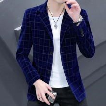 Corduroy Plaid Suit Jacket Mens Streetwear Slim Fit Casual Blazers Club Business Social Formal Suit Coats Homme