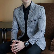 5XL Men Slim Suit Jacket Masculino Gray Single Button Business Mens Suit Jacket Retro Stripes Mens Blazer