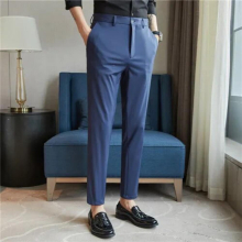 High Elastic Ice Silk Mens Casual Pants Summer Thin Business Dress Suit Pants Slim Striped Office Social Trousers Costume Homme