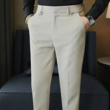 Autumn Winter Solid Casual Business Dress Pants Men Waist Drawstring Trousers Office Social Suit Pants Streetwear