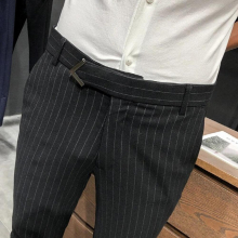 British Style Suit Pants Men Dress Pants Social Slim Fit Office Trousers Men Grey Spring Striped Belt Trousers Mens