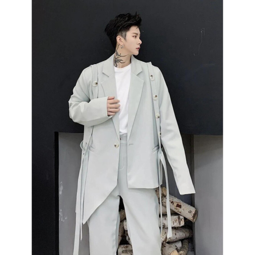 Asymmetric mens suit button decoration loose solid pants male temperament 2